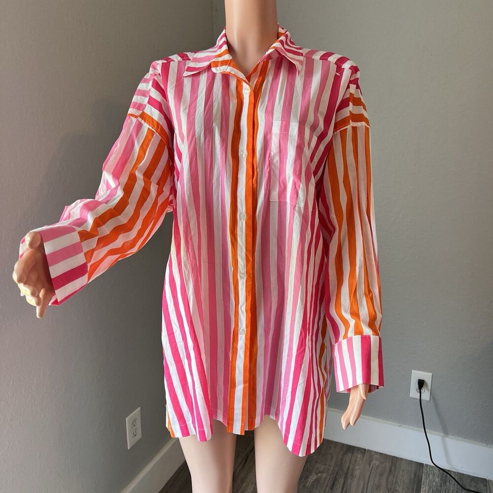 Beach Riot Womens Sz L/XL  Top Pink Orange Stripe Swim Cover Up Button Up #148